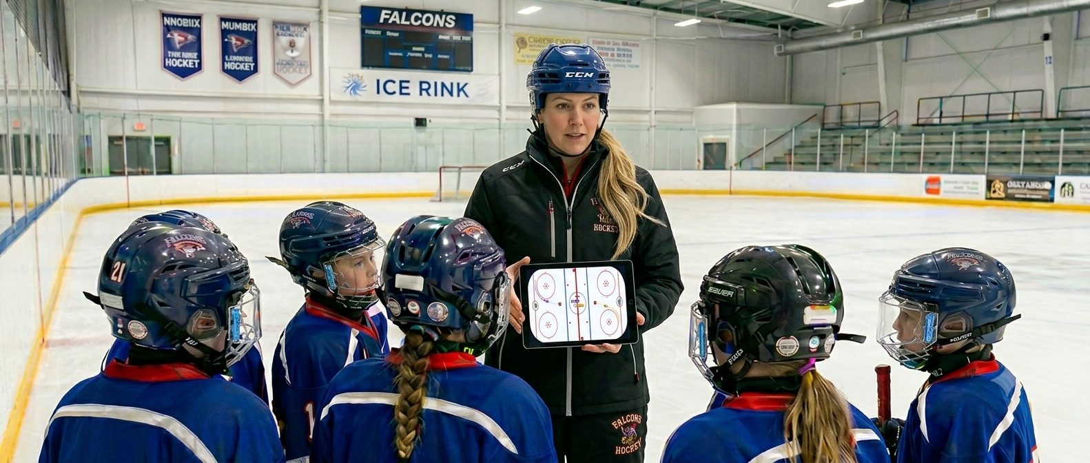 Hockey coach showing a DrillFlow drill to young players on a tablet