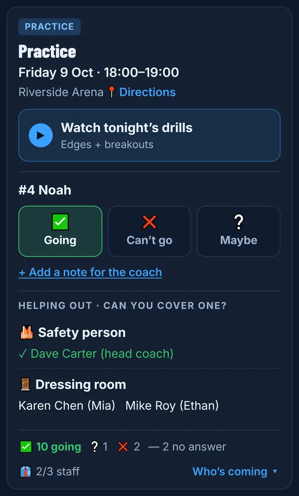 A practice card on the family link: Watch tonight's drills, Going / Can't go / Maybe, and helping-out jobs