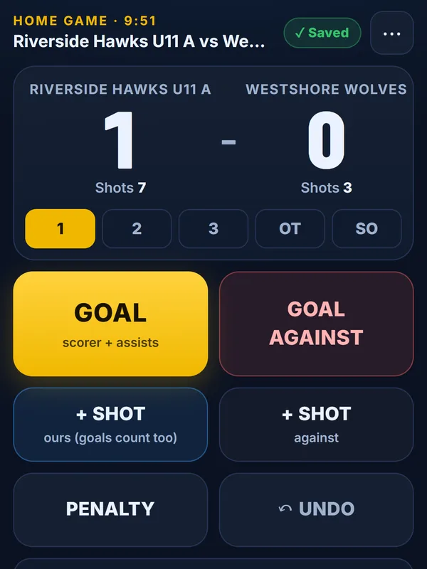 The scorekeeper screen during a game: score 1-0, shots 7-3, Goal, Shot, Penalty and Undo buttons